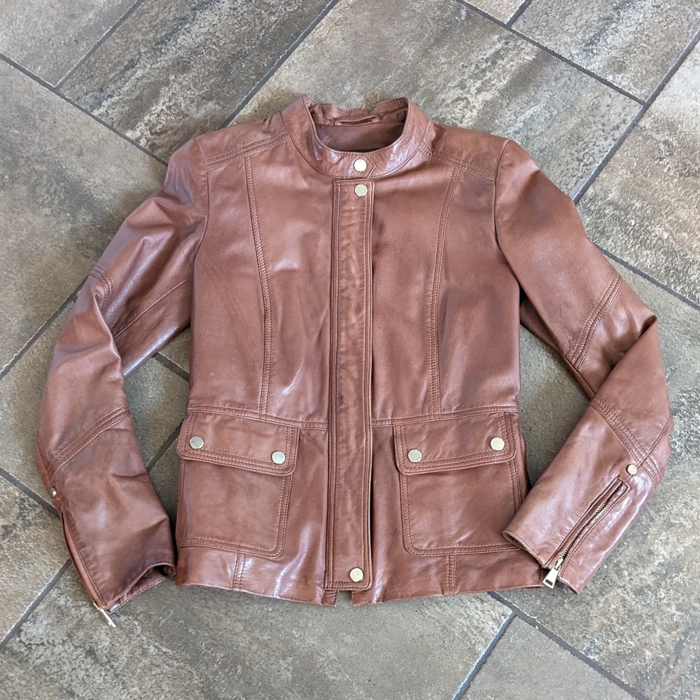 Danier Leather Brown Tailored Moto Jacket Chic Biker Luxurious Size XXS Petite